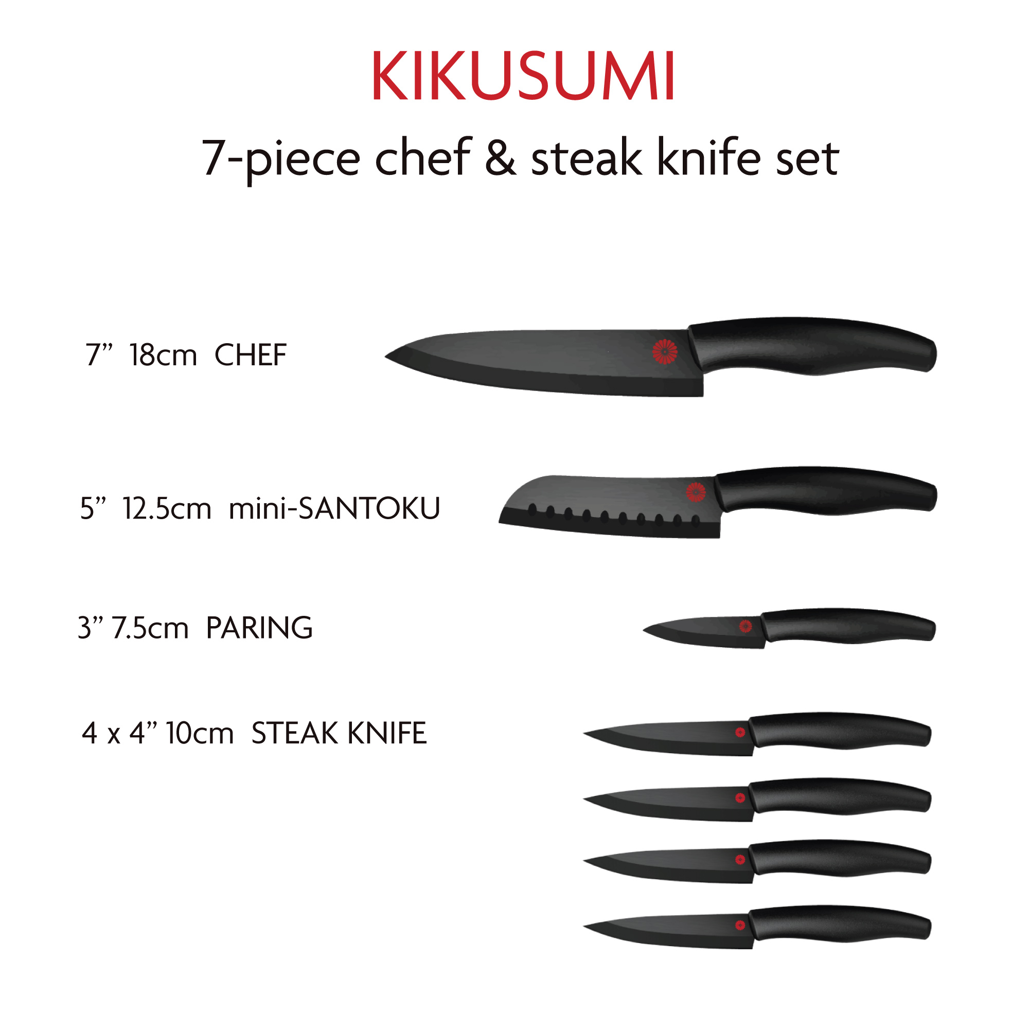 Kikusumi Black Ceramic Collection 7 Piece Chef Knife Gift Set