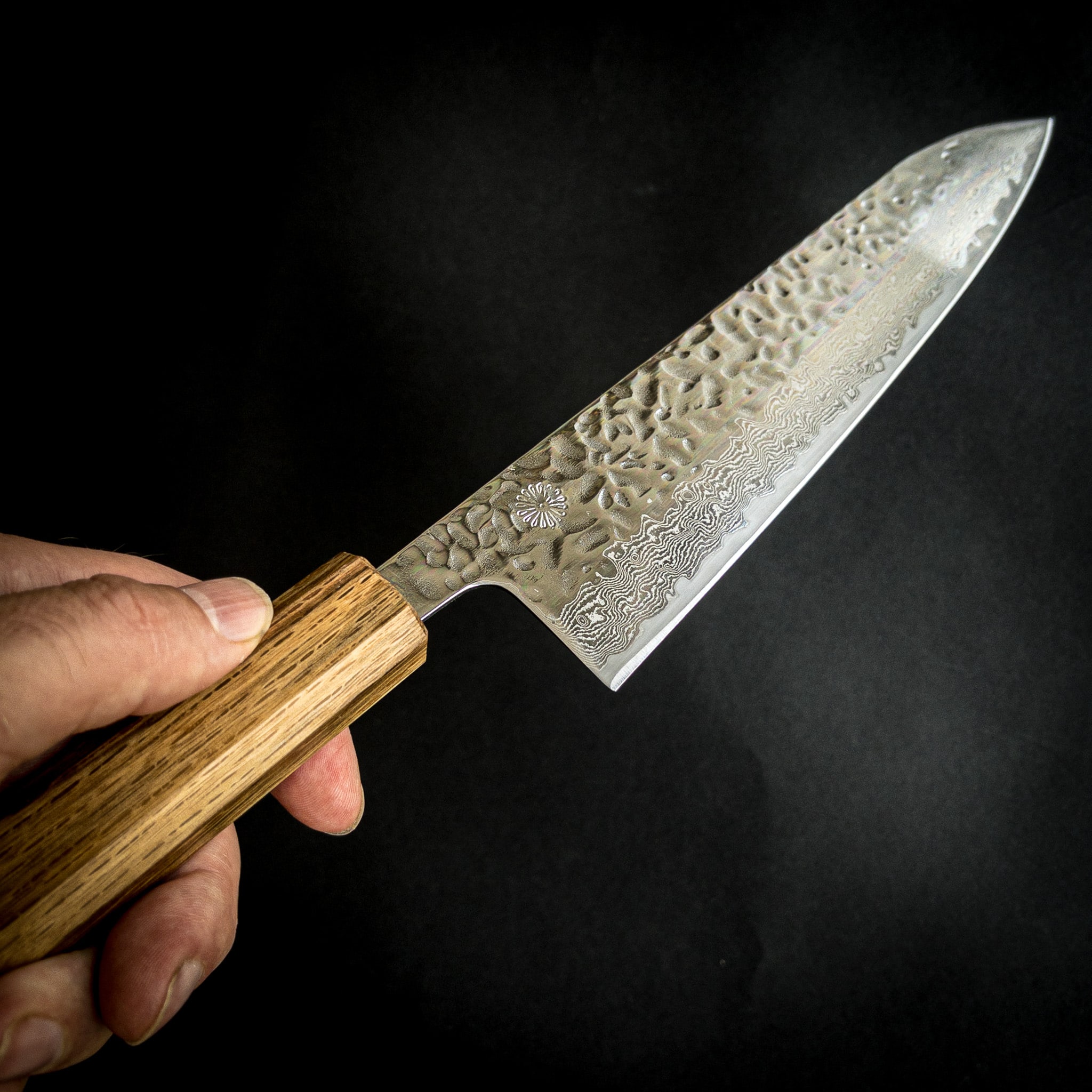 Kikusumi KATURA Kashi 3 Knife Set – Damascus Steel Knife Tsuchime Engraved  - 21cm Gyuto Chef + 16.5cm Santoku + 13.5cm Petty Japanese Oak Wa Handle -  Kikusumi Knife SHOP