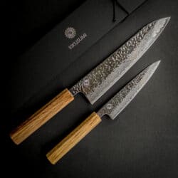 Kikusumi KATURA Kashi 2 Knife Gyuto Set – Damascus Steel Knife Tsuchime Engraved - 8"  Gyuto Chef + 5"  Petty Japanese Oak Wa Handle