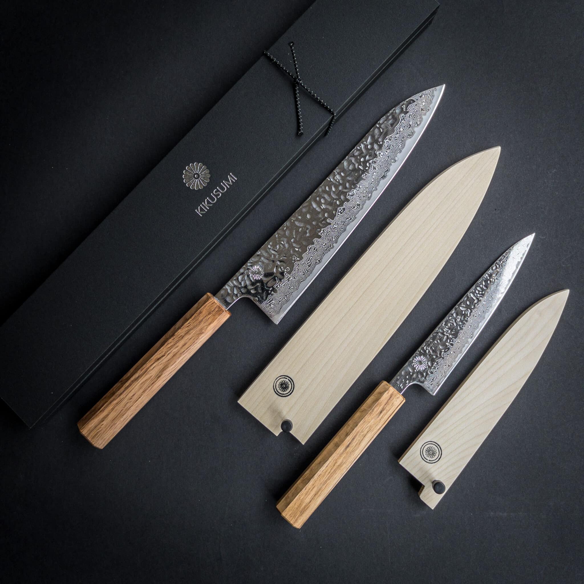 Kikusumi KATURA Kashi 2 Knife Gyuto Set – Damascus Steel Knife Tsuchime  Engraved - 8 Gyuto Chef + 5 Petty Japanese Oak Wa Handle - Kikusumi Knife  SHOP